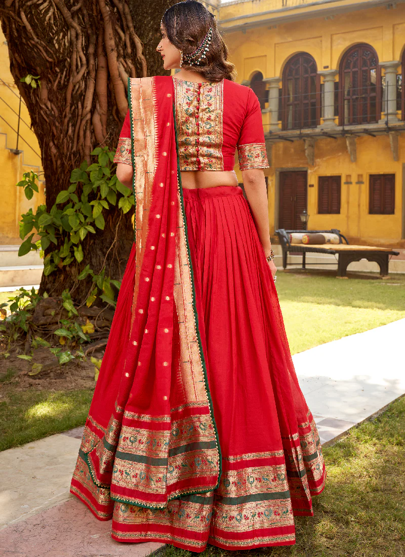 Interesting Red Zari Weaving Work Chanderi Silk Lehenga Choli For Women - Image 5
