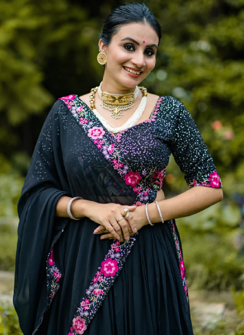 Interesting Thread Embroidered Georgette Black Lehenga Choli For Women - Image 2