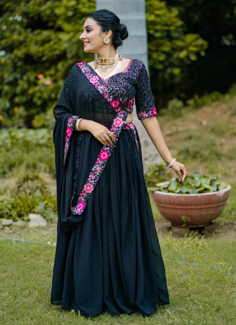 Interesting Thread Embroidered Georgette Black Lehenga Choli For Women - Image 3