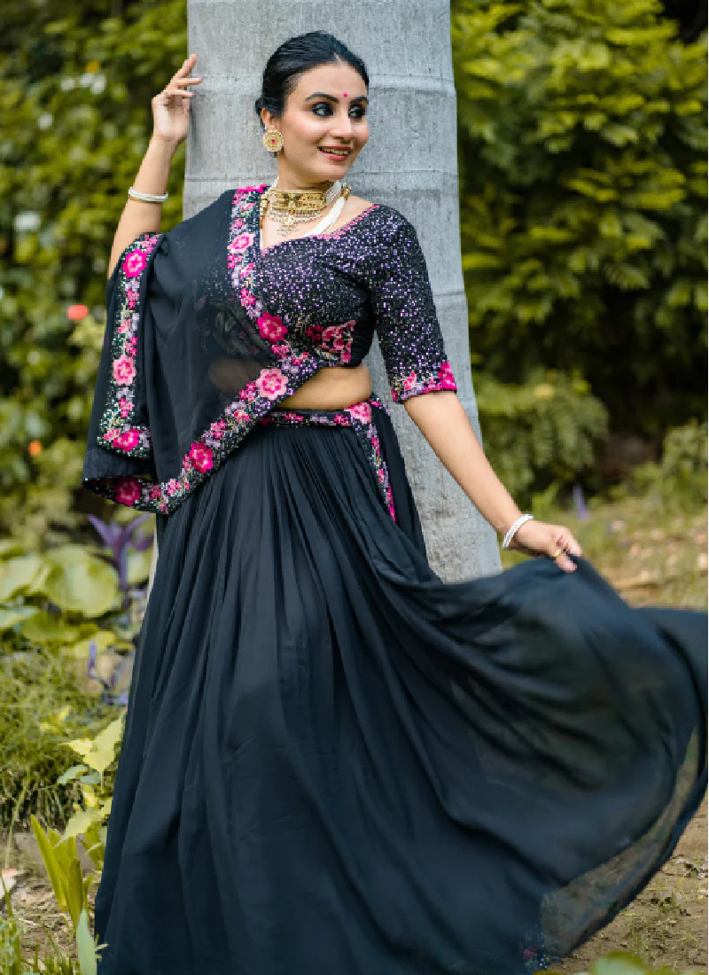 Interesting Thread Embroidered Georgette Black Lehenga Choli For Women - Image 4