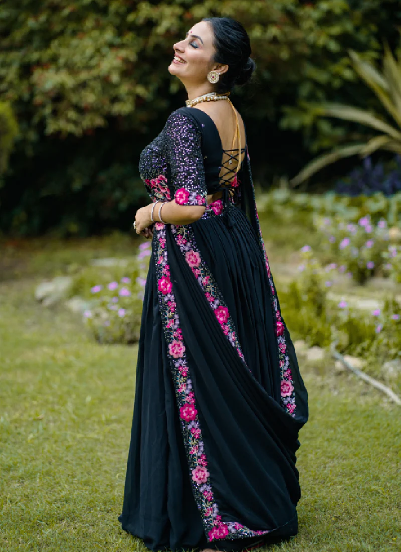 Interesting Thread Embroidered Georgette Black Lehenga Choli For Women - Image 5
