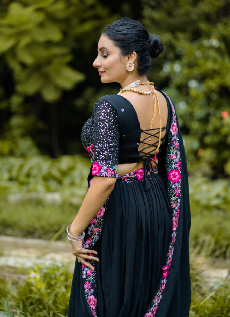 Interesting Thread Embroidered Georgette Black Lehenga Choli For Women - Image 6