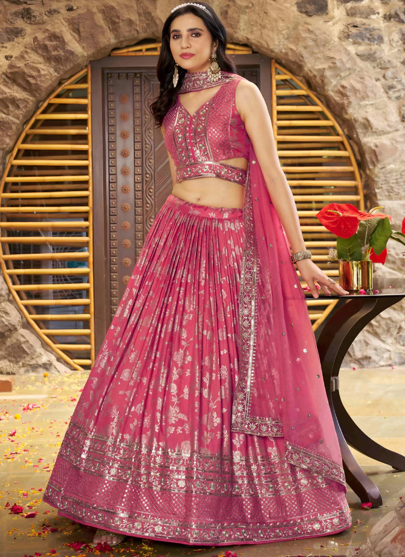 Jacquard Silk Zari Weaving Embroidered Peach Lehenga Choli For Women - Image 3
