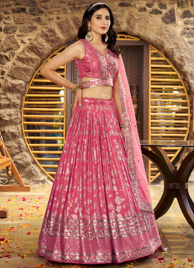 Jacquard Silk Zari Weaving Embroidered Peach Lehenga Choli For Women - Image 4