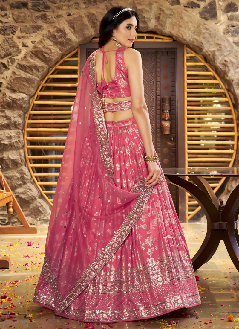 Jacquard Silk Zari Weaving Embroidered Peach Lehenga Choli For Women - Image 5