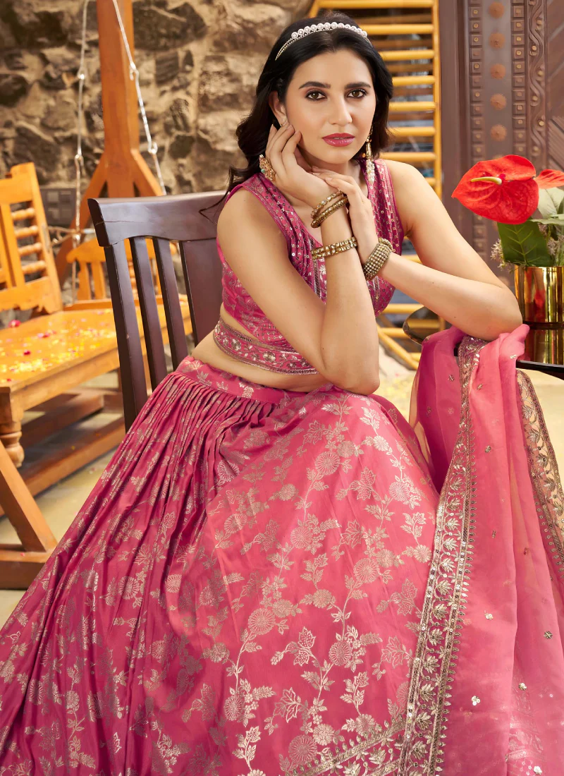Jacquard Silk Zari Weaving Embroidered Peach Lehenga Choli For Women - Image 6