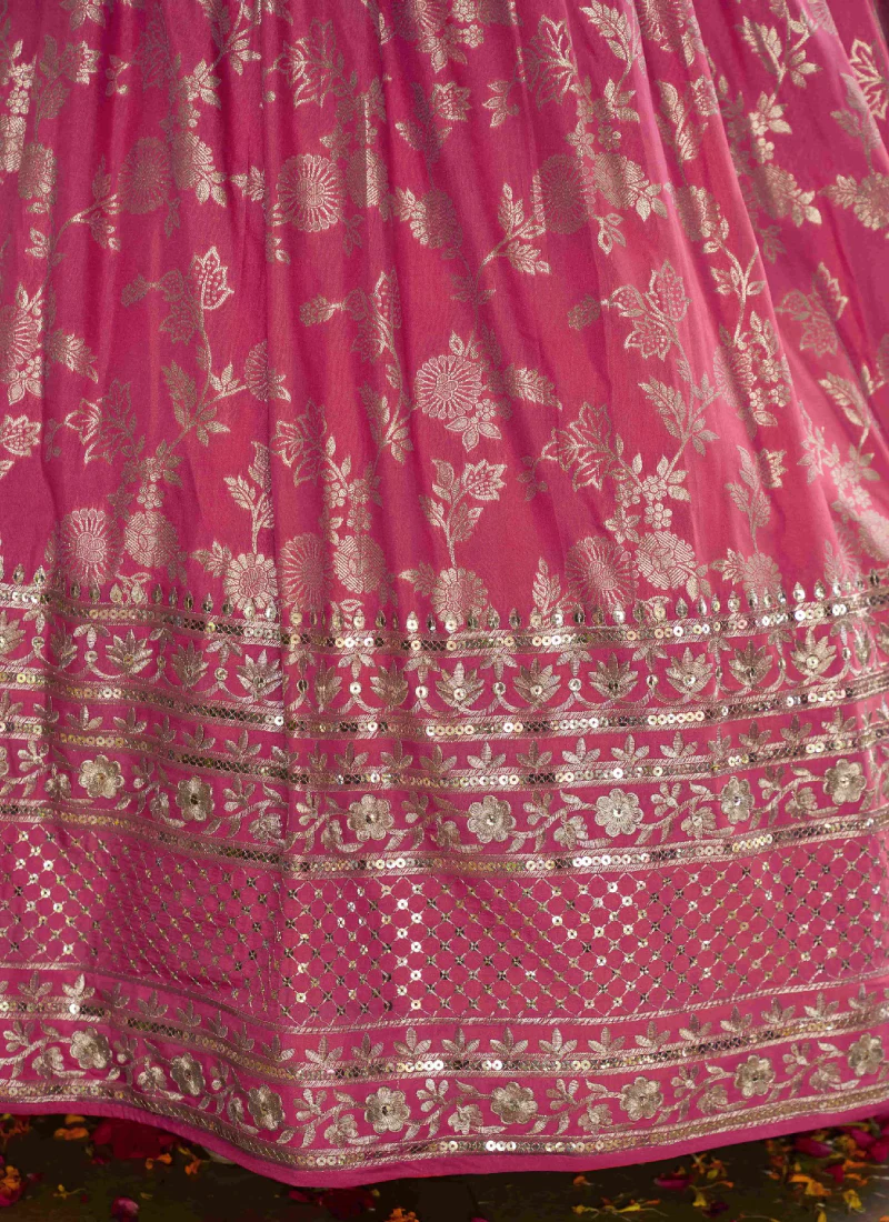 Jacquard Silk Zari Weaving Embroidered Peach Lehenga Choli For Women - Image 8