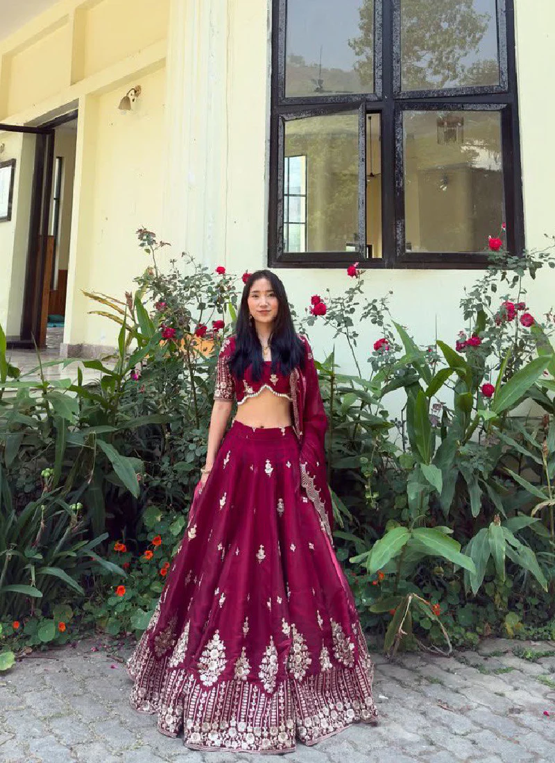 Jimmy Choo Sequence Embroidered Maroon Red Lehenga Choli For Wedding - Image 3