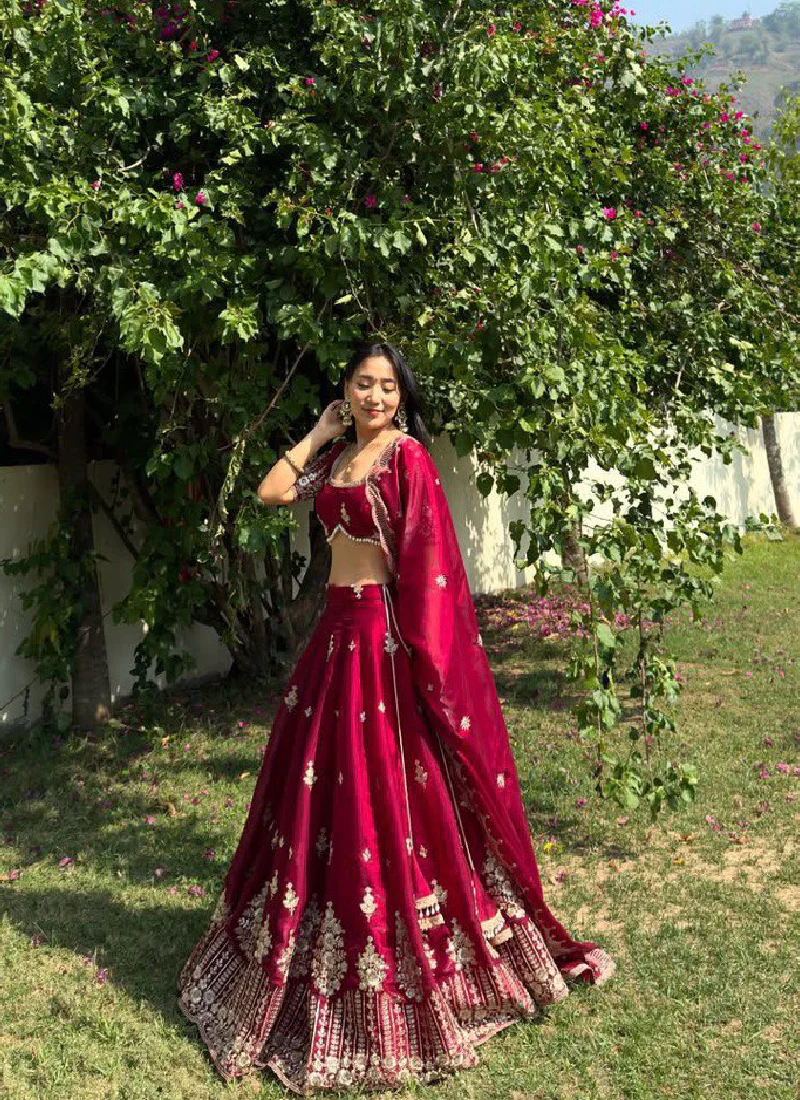 Jimmy Choo Sequence Embroidered Maroon Red Lehenga Choli For Wedding - Image 4