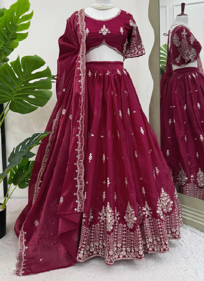 Jimmy Choo Sequence Embroidered Maroon Red Lehenga Choli For Wedding - Image 5