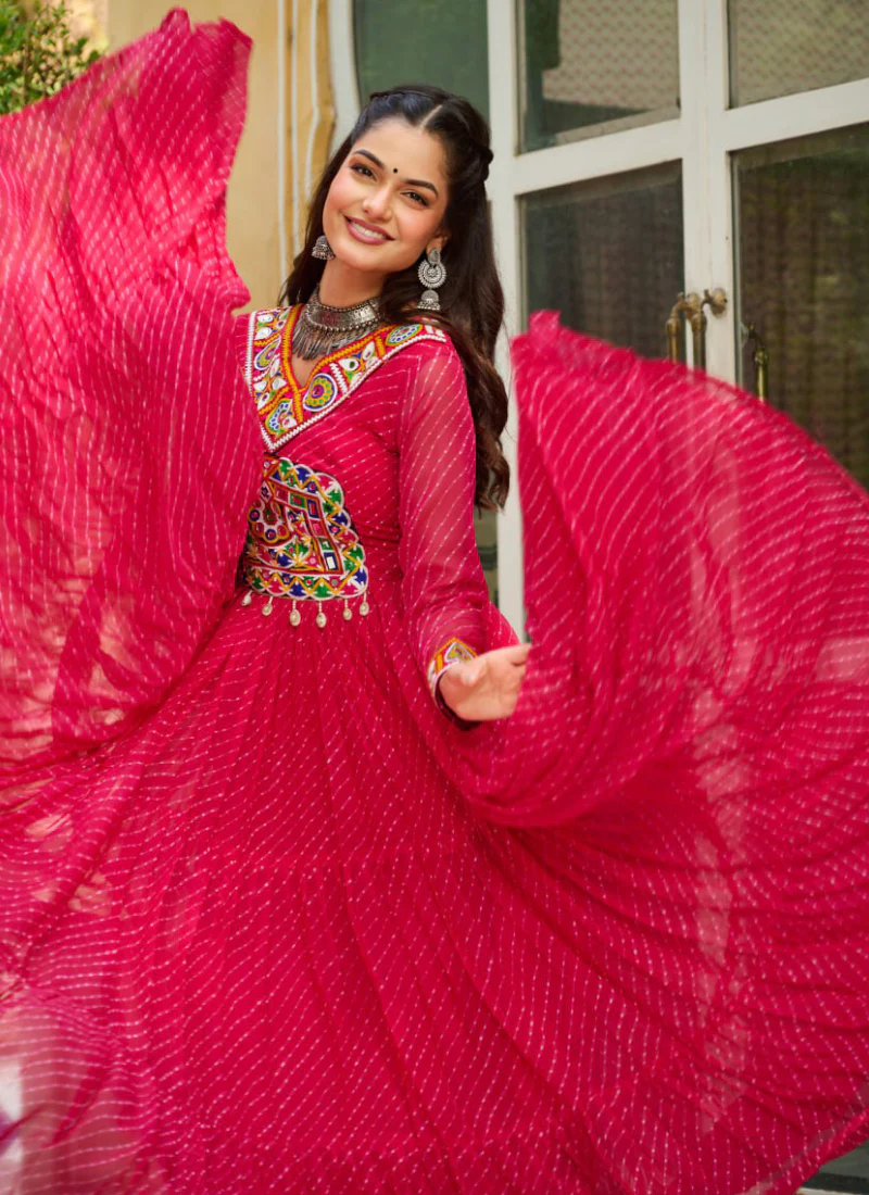 Laheriya Printed Gamthi Work Georgette Pink Navratri Special Gown - Image 3