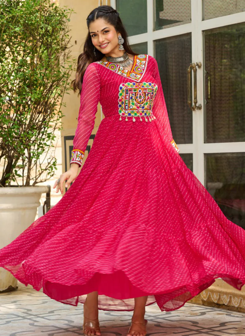 Laheriya Printed Gamthi Work Georgette Pink Navratri Special Gown - Image 4