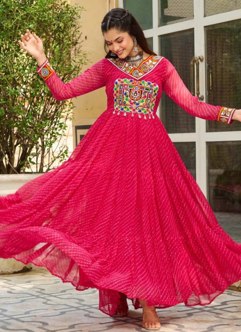 Laheriya Printed Gamthi Work Georgette Pink Navratri Special Gown - Image 5