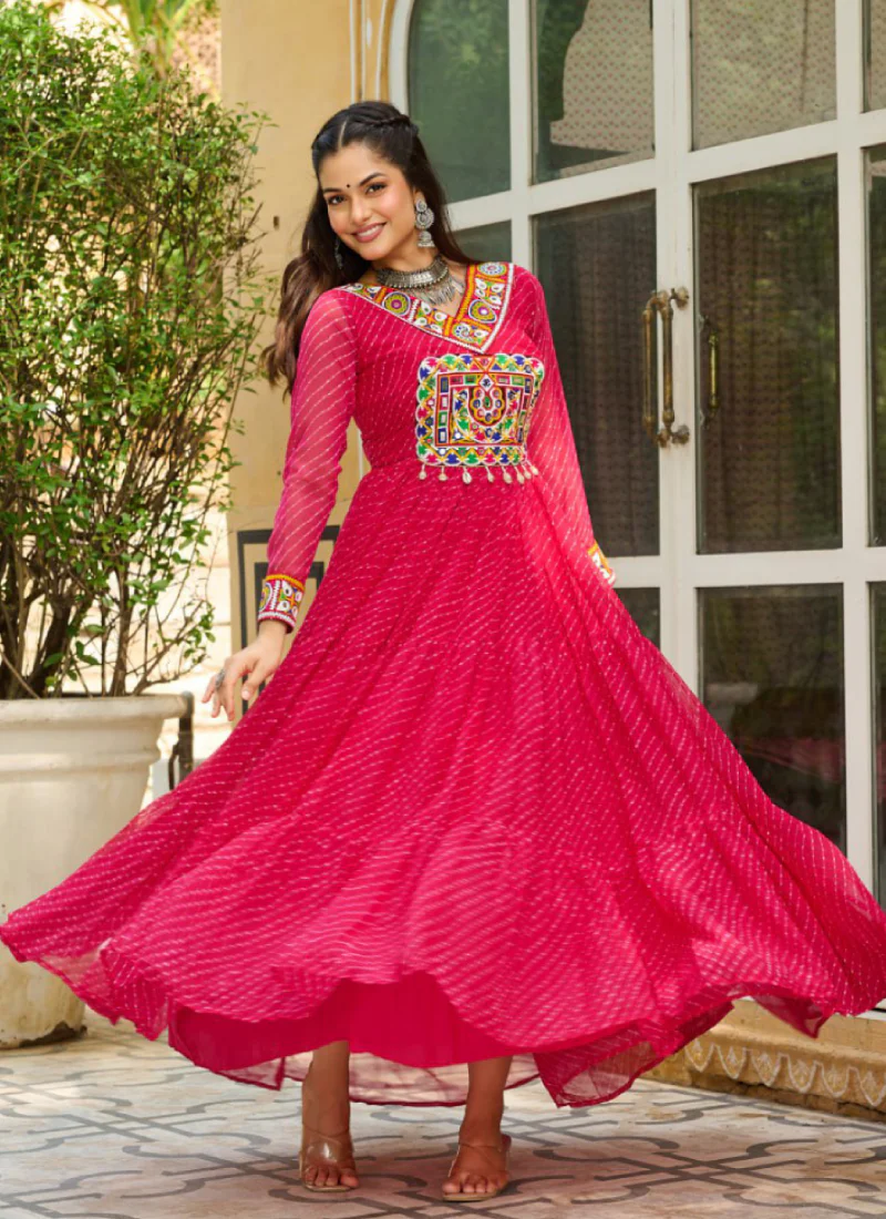 Laheriya Printed Gamthi Work Georgette Pink Navratri Special Gown - Image 6