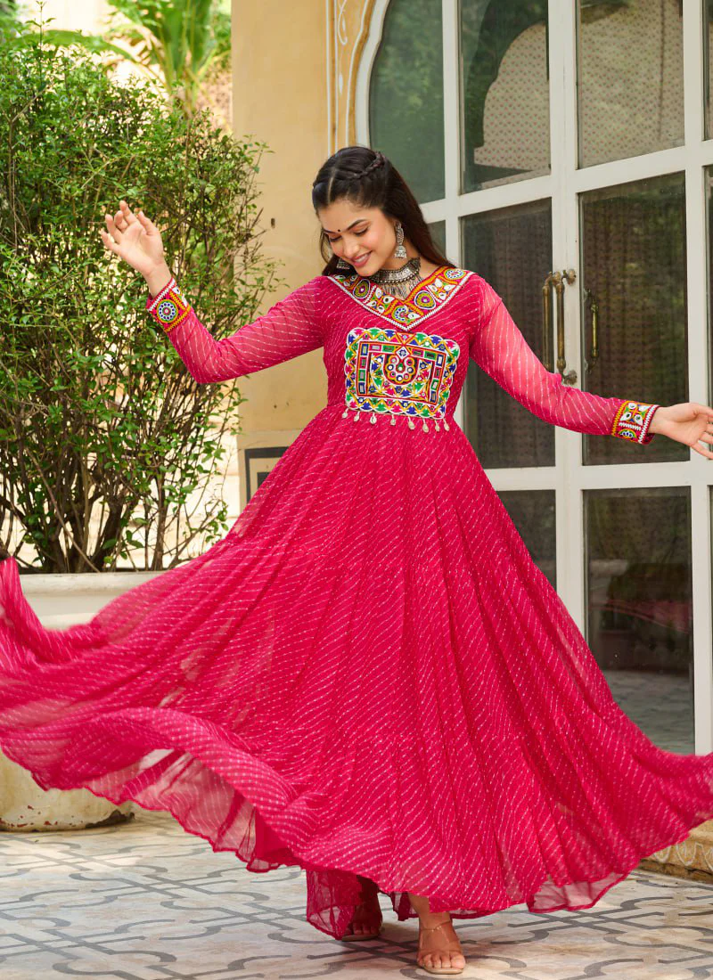 Laheriya Printed Gamthi Work Georgette Pink Navratri Special Gown - Image 7