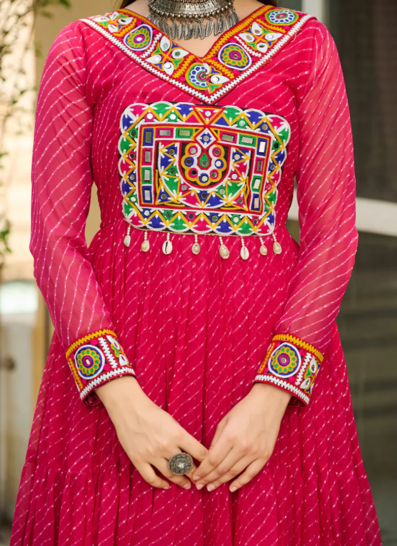 Laheriya Printed Gamthi Work Georgette Pink Navratri Special Gown - Image 8