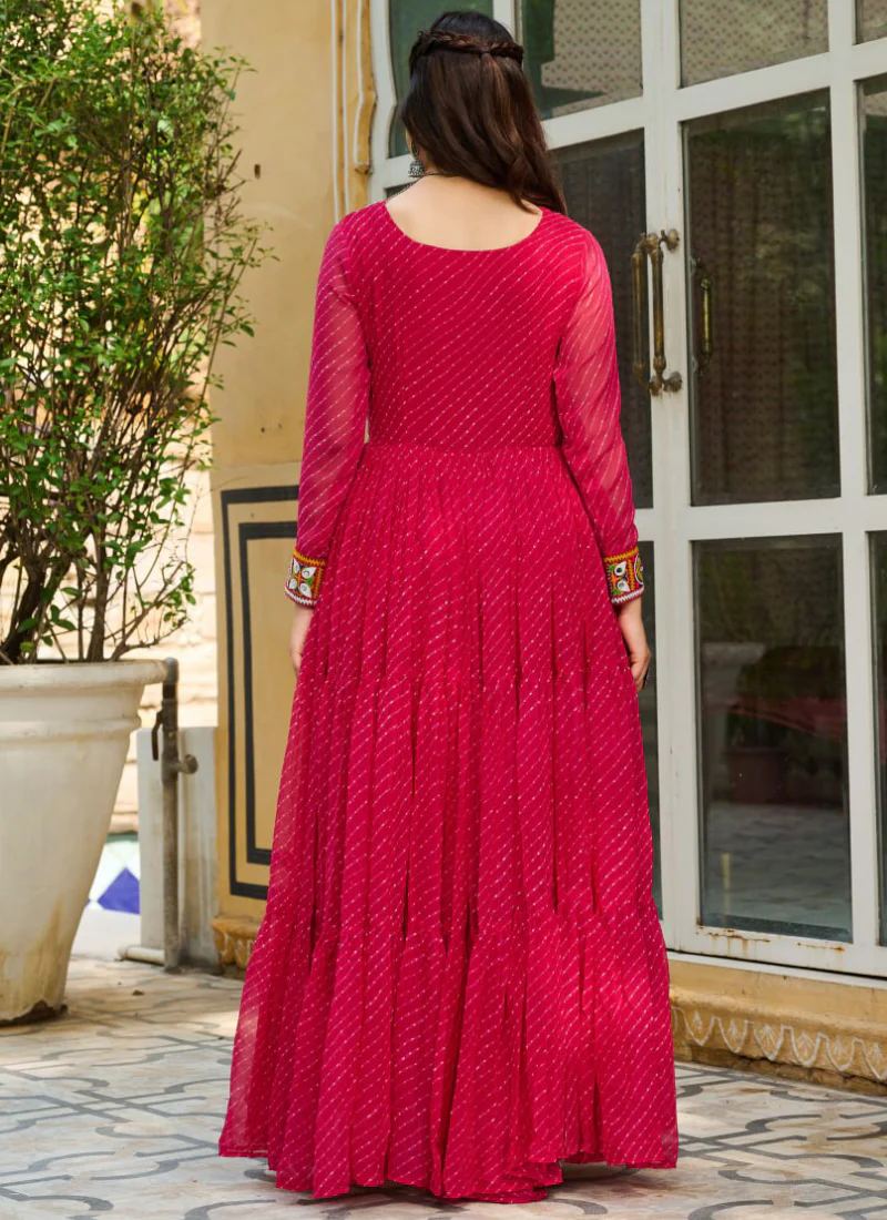 Laheriya Printed Gamthi Work Georgette Pink Navratri Special Gown - Image 9