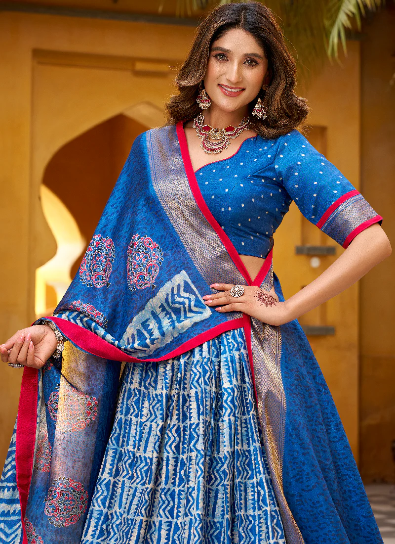 Latest Batik Print With Zari Weaving Dola Silk Blue Lehenga Choli Set - Image 2