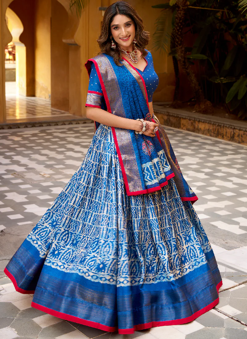 Latest Batik Print With Zari Weaving Dola Silk Blue Lehenga Choli Set - Image 3