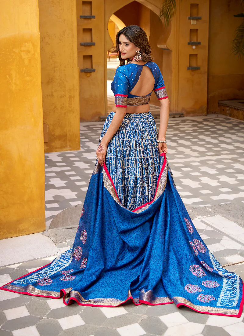 Latest Batik Print With Zari Weaving Dola Silk Blue Lehenga Choli Set - Image 5