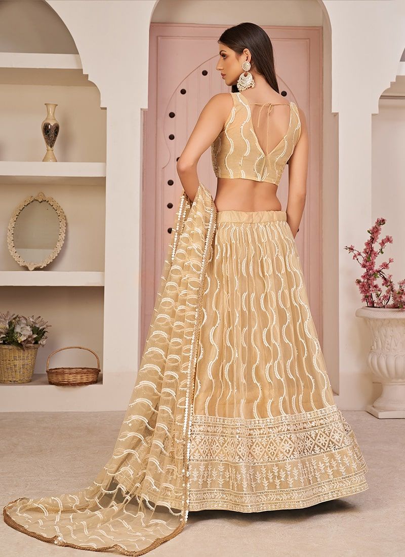 Latest Beige Color Plain Simple Net Lehenga Choli - Image 3