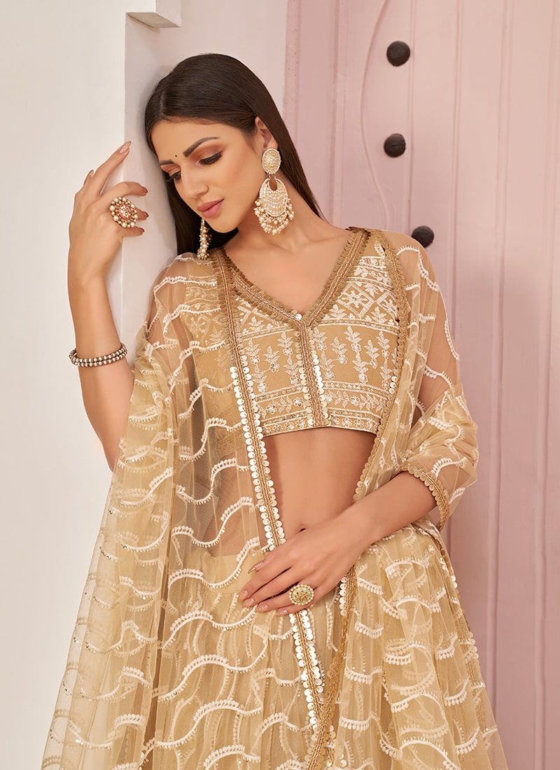 Latest Beige Color Plain Simple Net Lehenga Choli - Image 4
