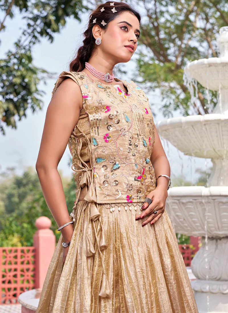 Latest Gold Crush Cream Thread Embroidered Indo Western Lehenga Choli - Image 3