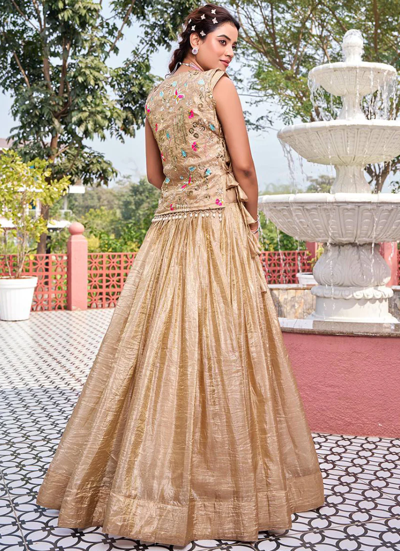 Latest Gold Crush Cream Thread Embroidered Indo Western Lehenga Choli - Image 5