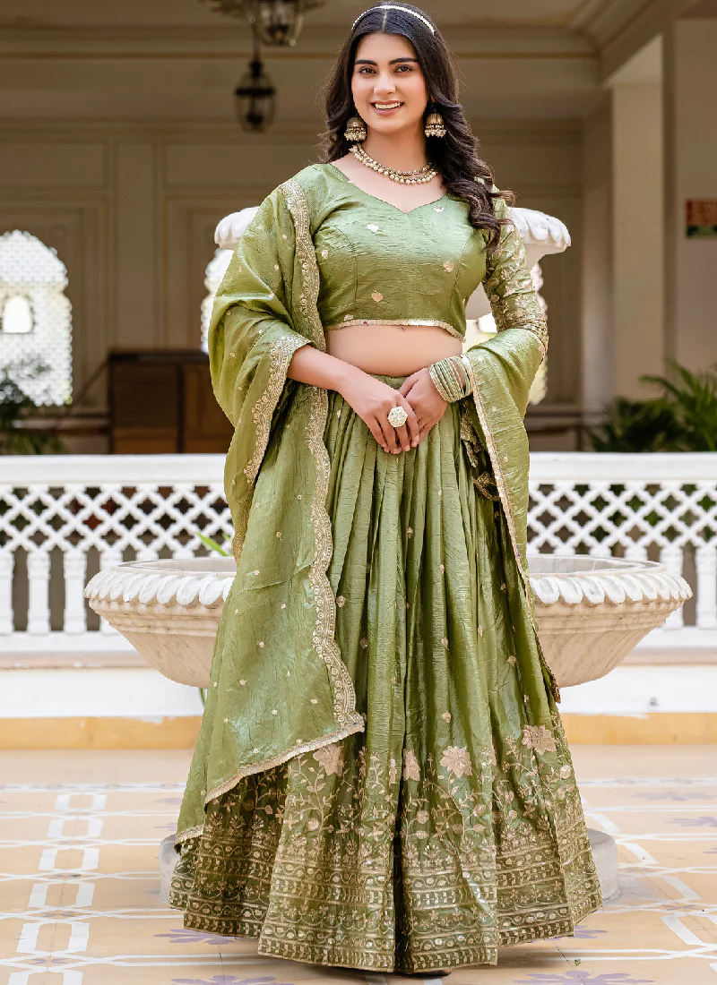 Latest Mehndi Green Color Gold Crush Heavy Zari Embroidered Lehenga Choli - Image 3