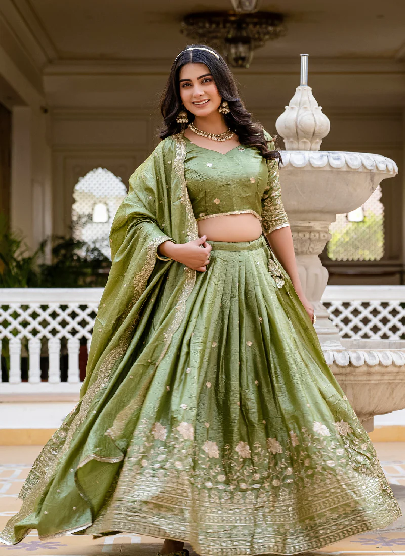 Latest Mehndi Green Color Gold Crush Heavy Zari Embroidered Lehenga Choli - Image 4