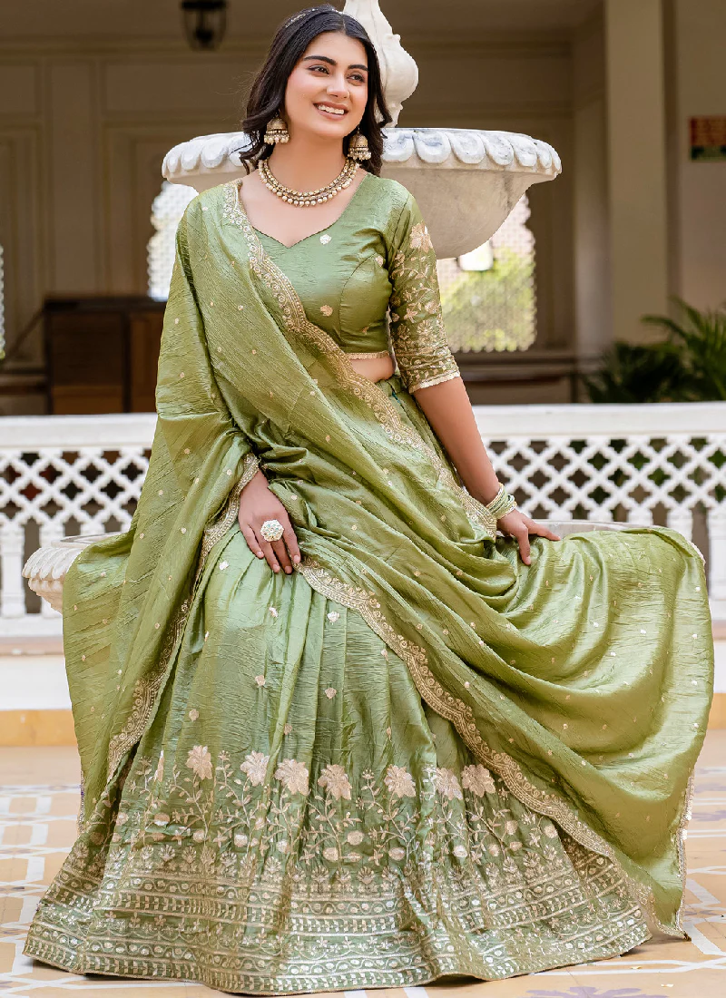 Latest Mehndi Green Color Gold Crush Heavy Zari Embroidered Lehenga Choli - Image 5