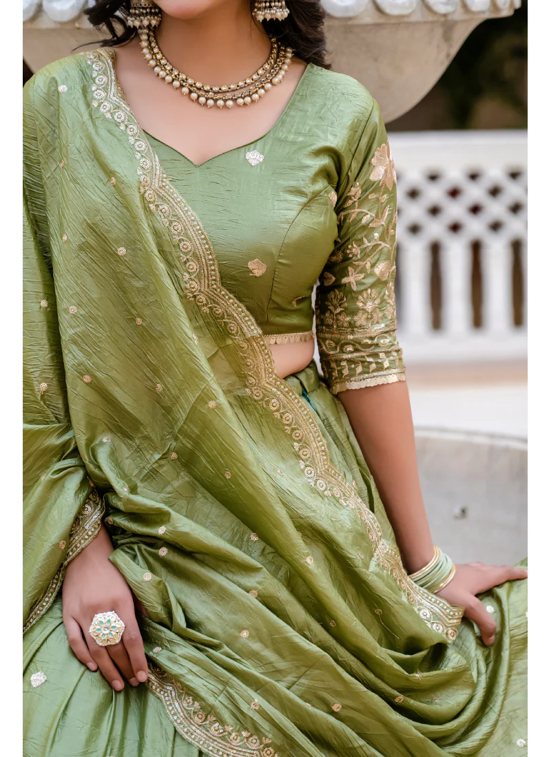 Latest Mehndi Green Color Gold Crush Heavy Zari Embroidered Lehenga Choli - Image 6