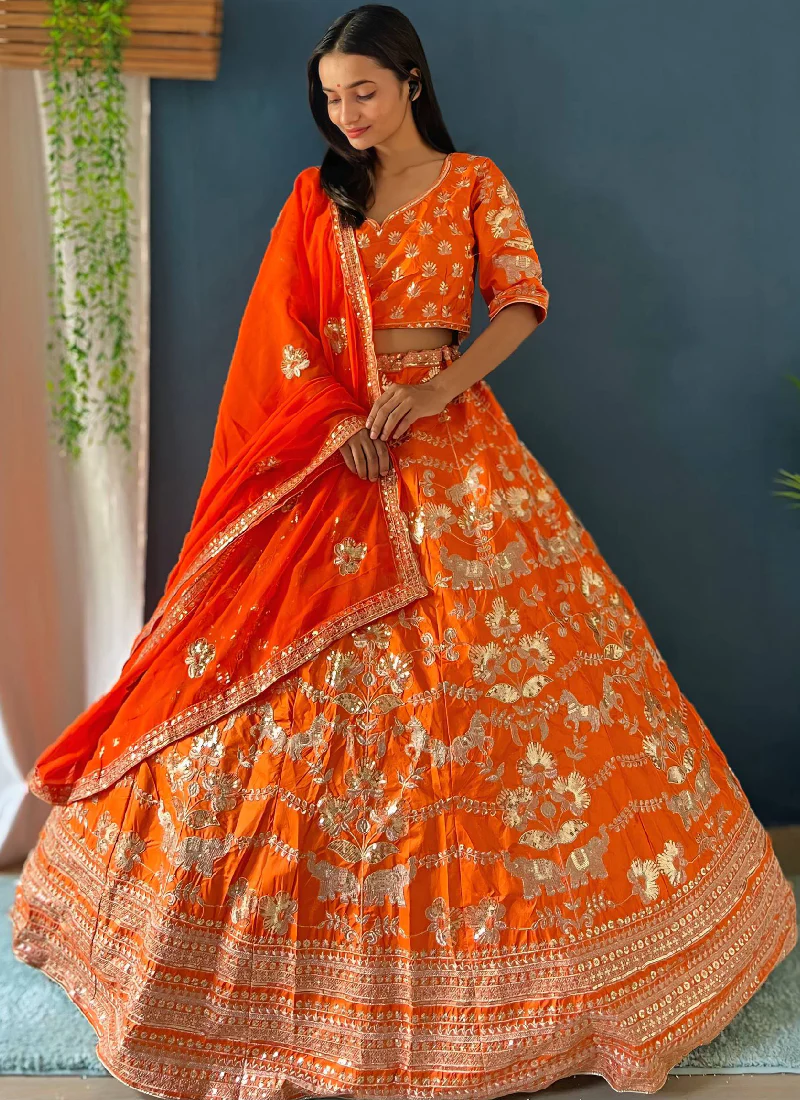 Latest Orange Silk Sequence Embroidered Work Wedding Lehenga Choli Set - Image 3