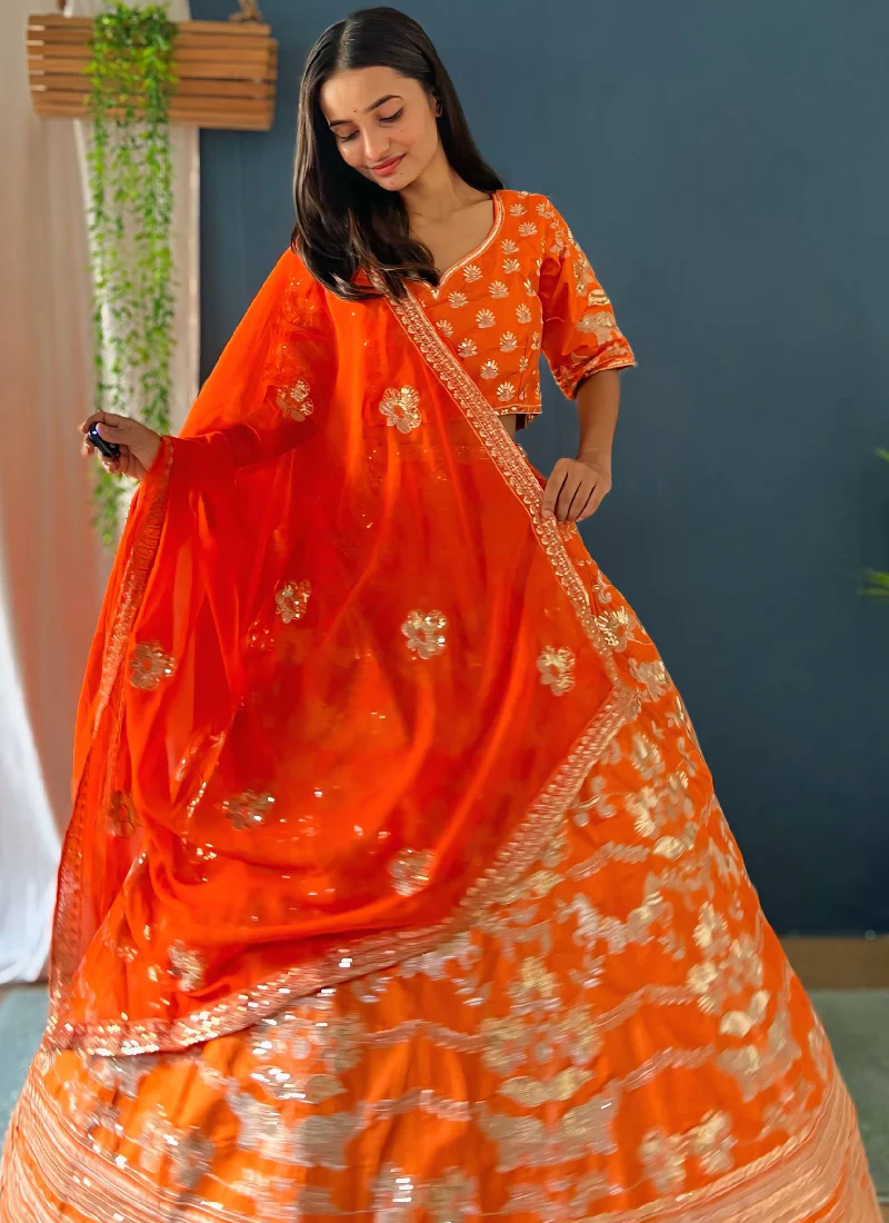 Latest Orange Silk Sequence Embroidered Work Wedding Lehenga Choli Set - Image 4