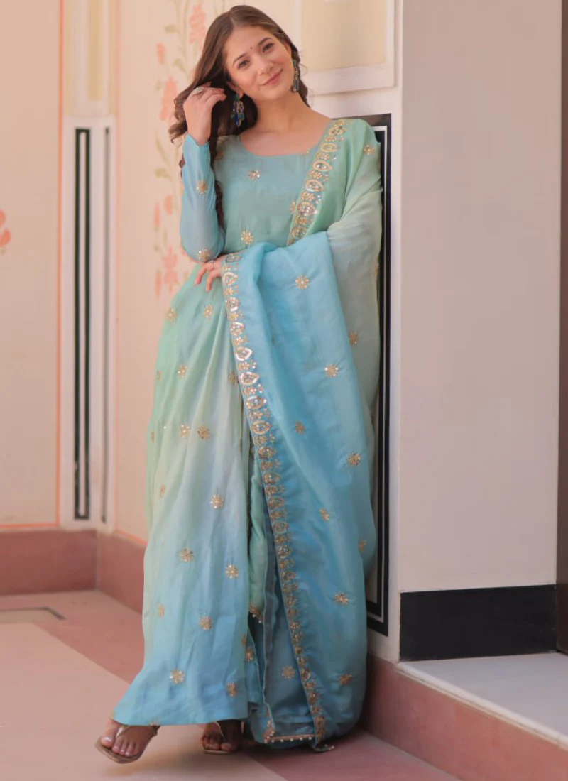 Latest Organza Blue Sequence Work Umbrella Cut Anarkali With Dupatta - Image 3