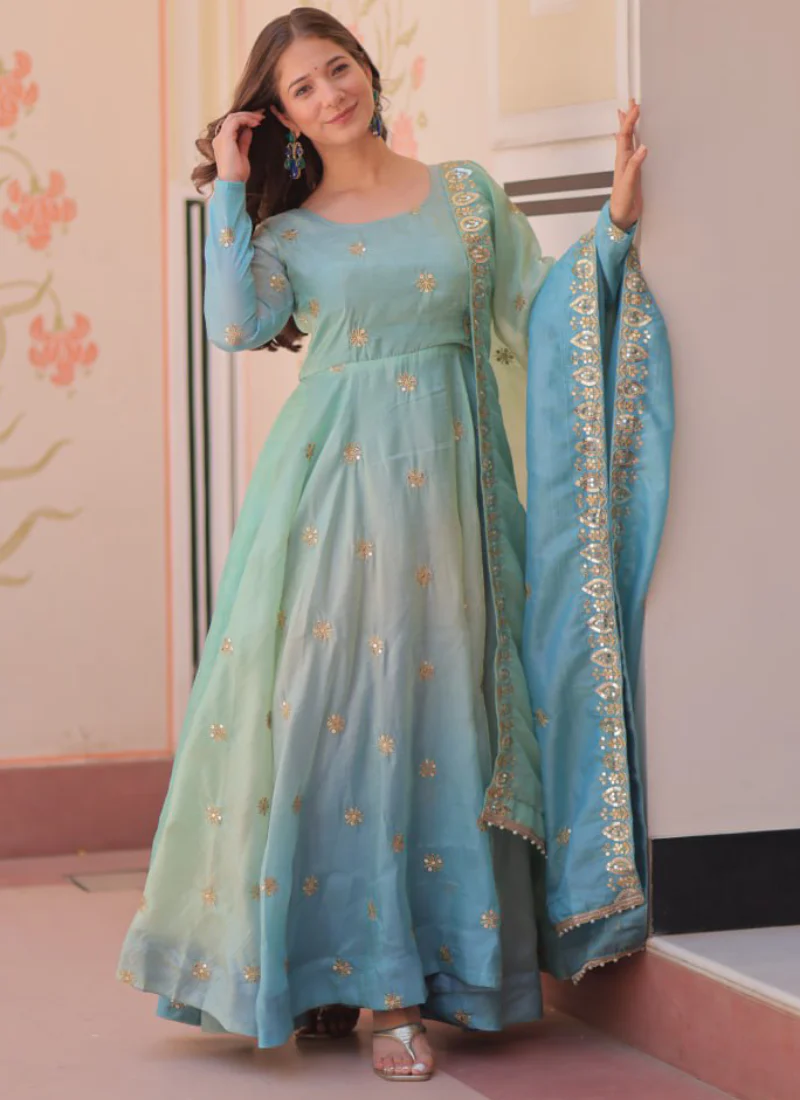 Latest Organza Blue Sequence Work Umbrella Cut Anarkali With Dupatta - Image 4