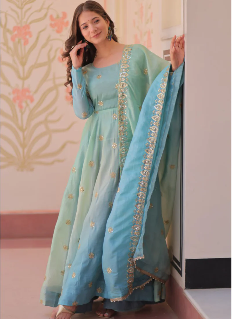 Latest Organza Blue Sequence Work Umbrella Cut Anarkali With Dupatta - Image 5