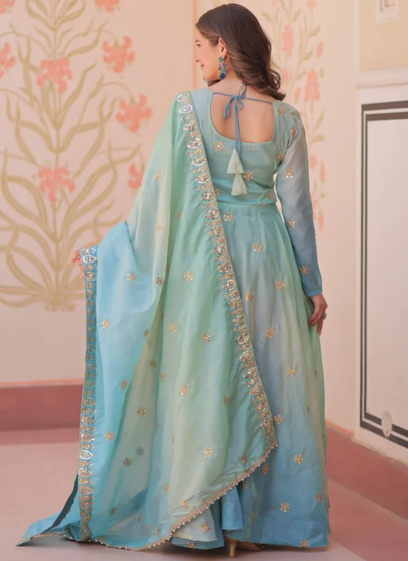 Latest Organza Blue Sequence Work Umbrella Cut Anarkali With Dupatta - Image 6