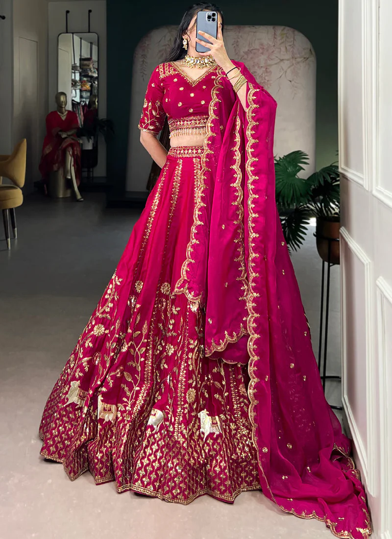 Latest Pink Natural Silk Heavy Sequence Embroidery Wedding Lehenga Set - Image 3