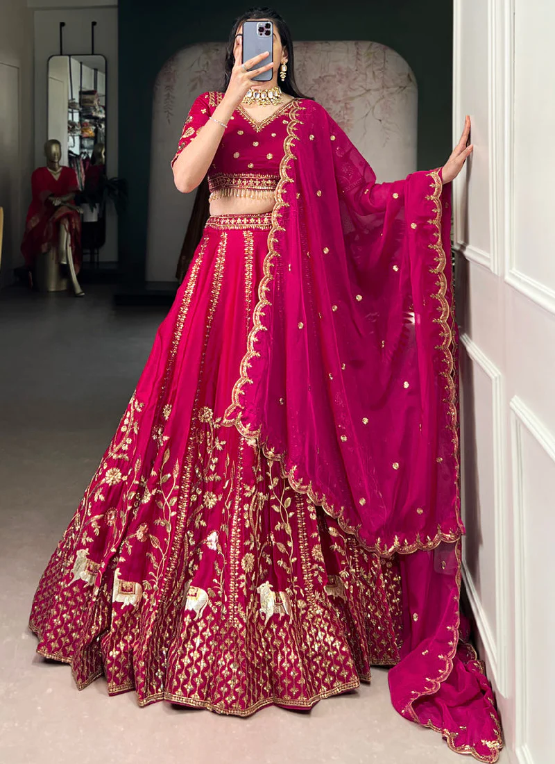 Latest Pink Natural Silk Heavy Sequence Embroidery Wedding Lehenga Set - Image 4