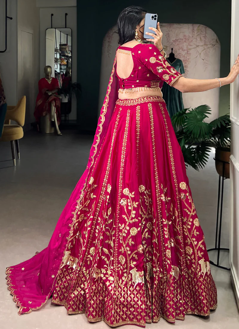 Latest Pink Natural Silk Heavy Sequence Embroidery Wedding Lehenga Set - Image 5