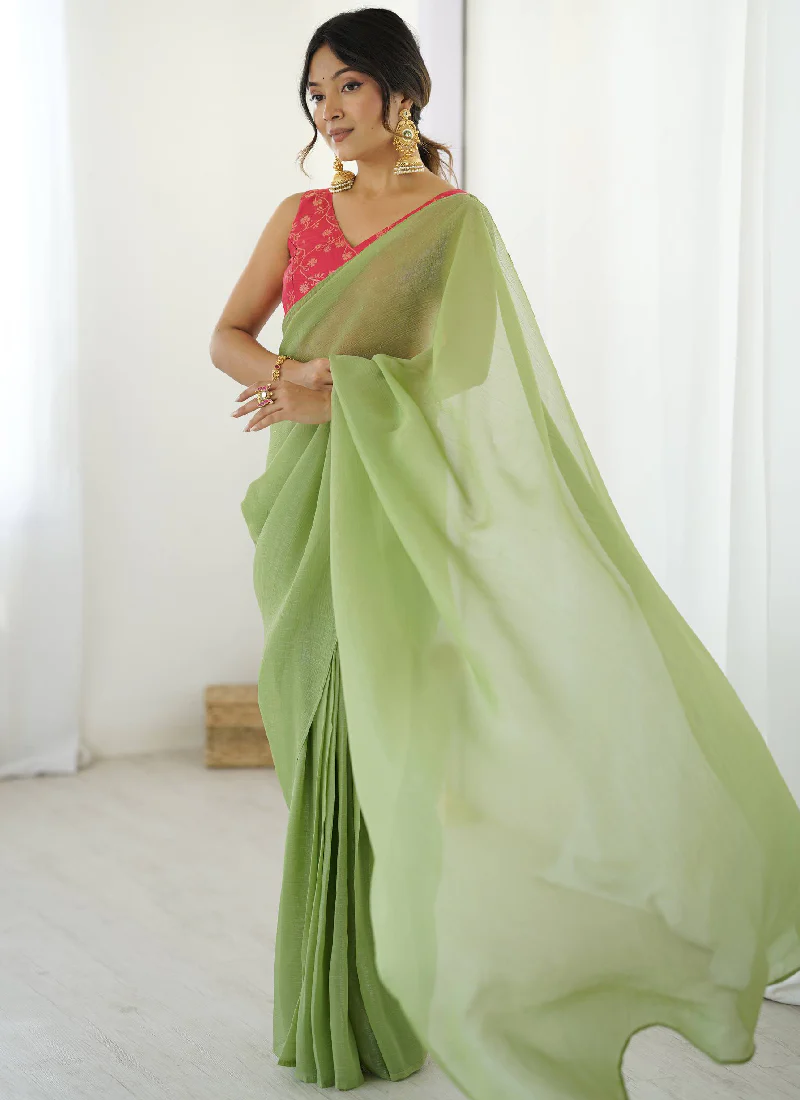 Latest Ready To Wear Pista Green Silk Saree With Banarasi Silk Blouse - Image 3
