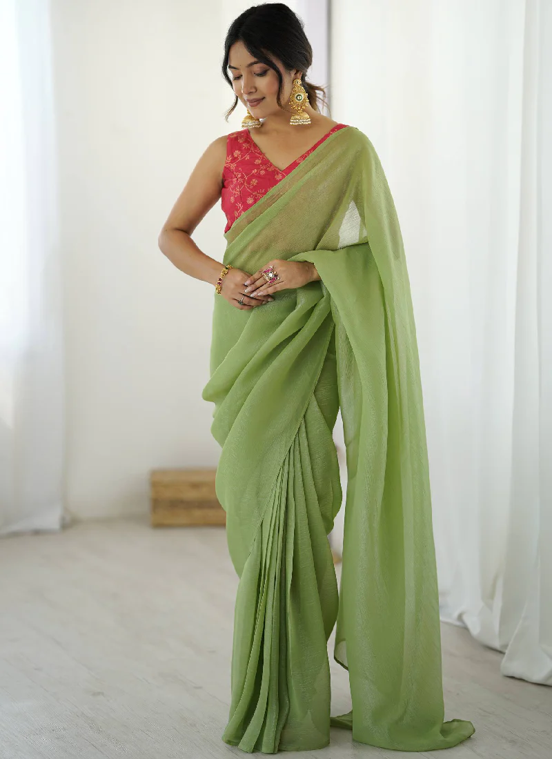 Latest Ready To Wear Pista Green Silk Saree With Banarasi Silk Blouse - Image 4