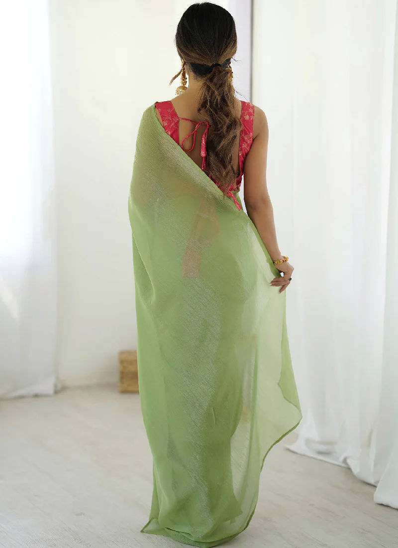 Latest Ready To Wear Pista Green Silk Saree With Banarasi Silk Blouse - Image 5