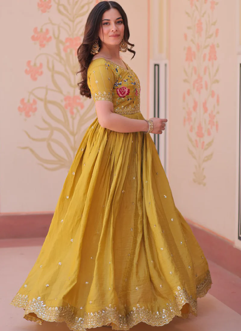 Latest Sequence Embroidered Tissue Silk Haldi Special Yellow Gown - Image 10