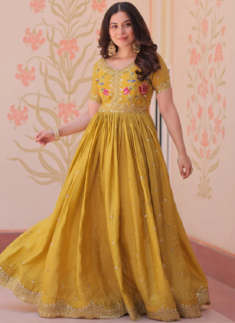 Latest Sequence Embroidered Tissue Silk Haldi Special Yellow Gown - Image 11