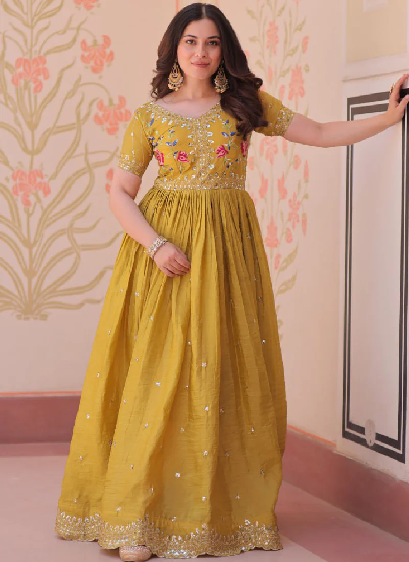 Latest Sequence Embroidered Tissue Silk Haldi Special Yellow Gown - Image 12
