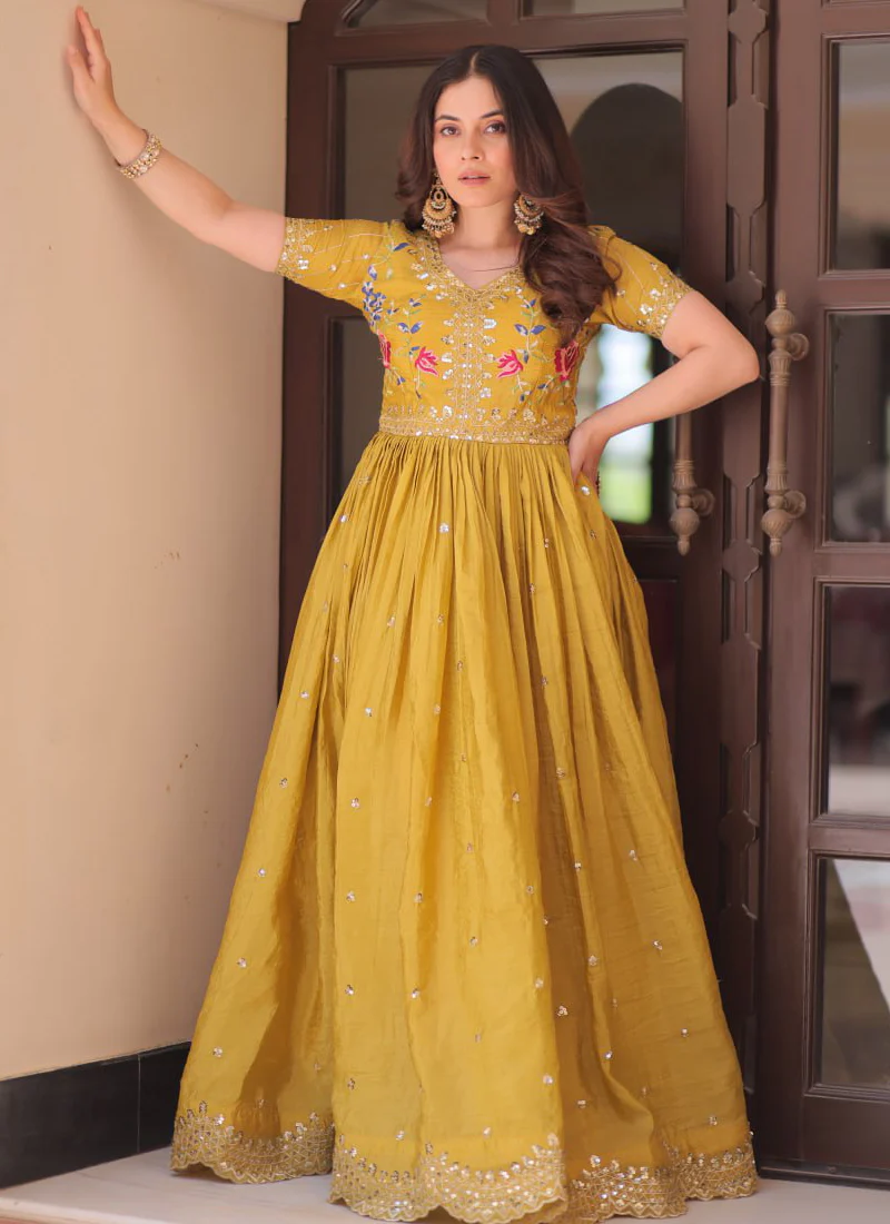 Latest Sequence Embroidered Tissue Silk Haldi Special Yellow Gown - Image 13
