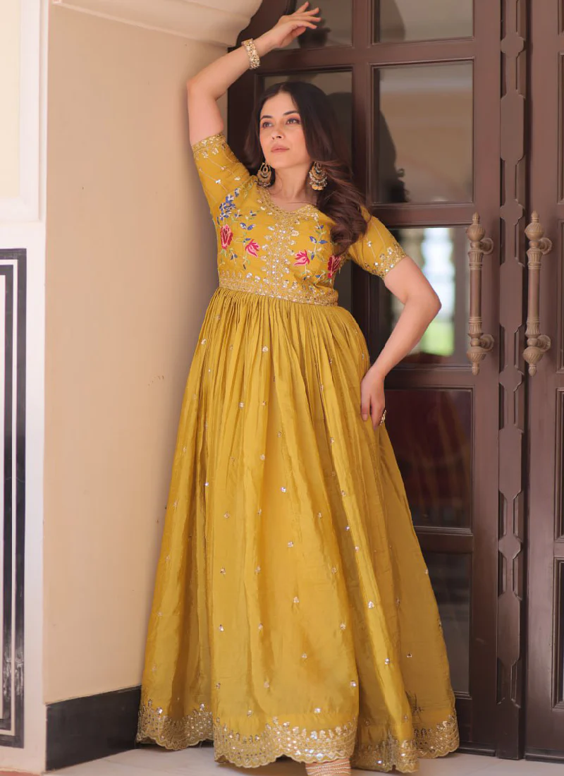 Latest Sequence Embroidered Tissue Silk Haldi Special Yellow Gown - Image 14