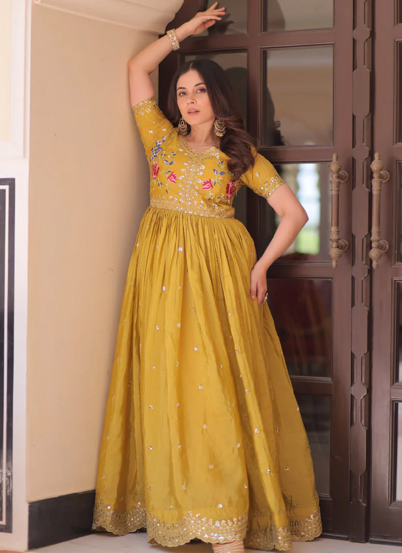 Latest Sequence Embroidered Tissue Silk Haldi Special Yellow Gown - Image 15